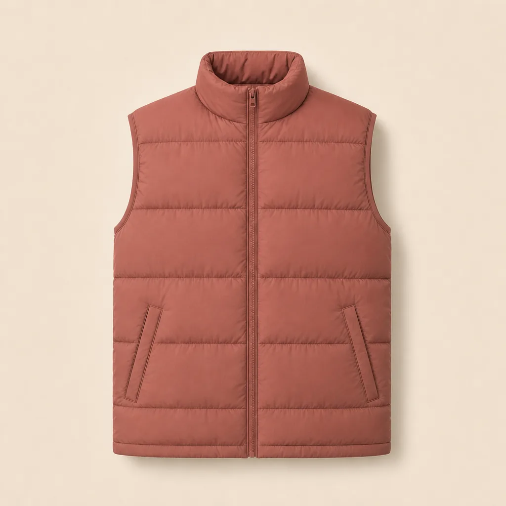 Front view of the muted-clay Fallow Northline Puffer Vest on the warm oatmeal catalog background