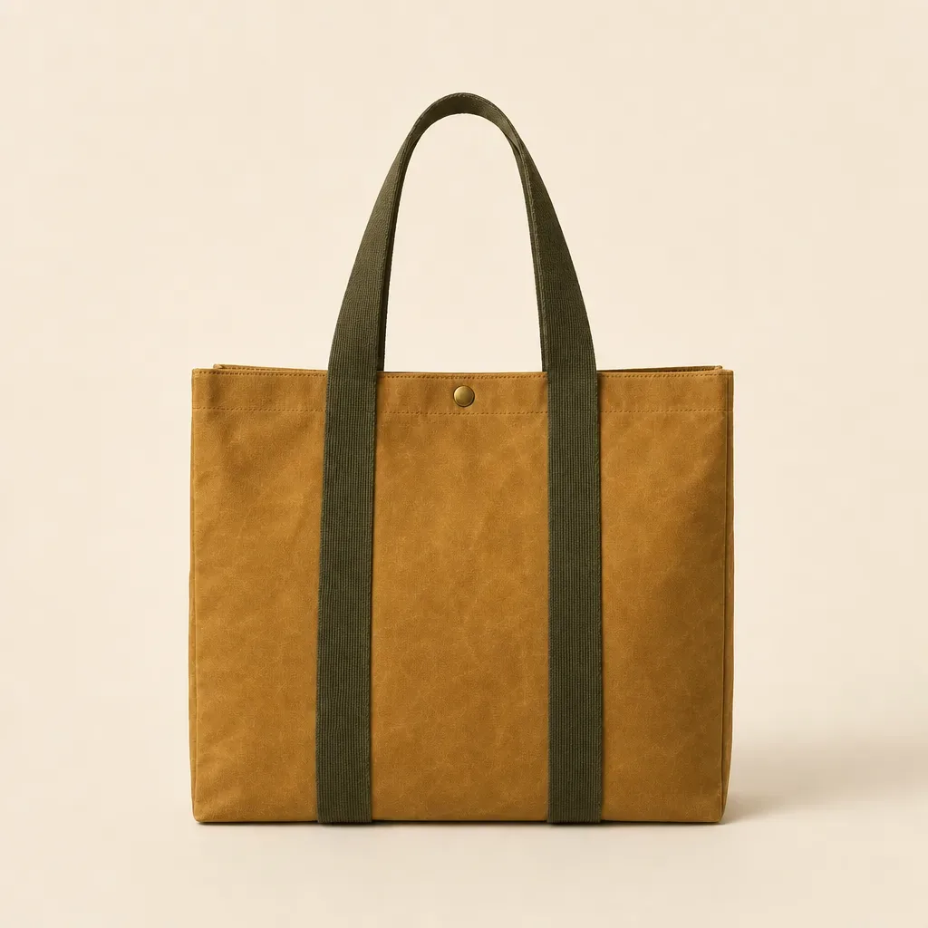 Ochre waxed canvas market tote with continuous olive webbing, complete front view on warm oatmeal.