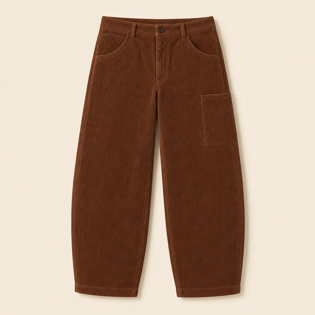 Chestnut wide-wale organic cotton Cord Utility Pant with right-thigh patch pocket, complete front view on warm oatmeal.