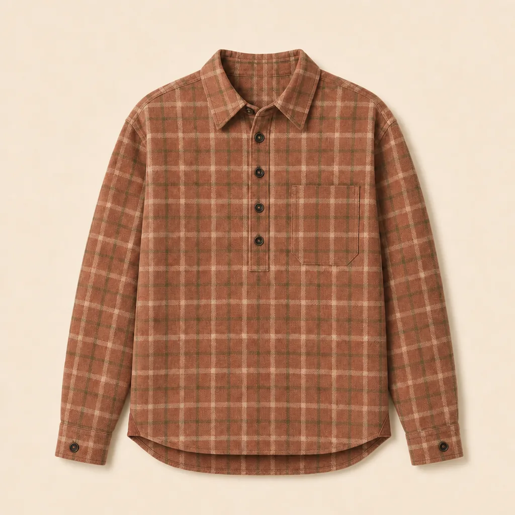 Clay check organic cotton flannel Daybreak Popover Shirt, complete front view on warm oatmeal.