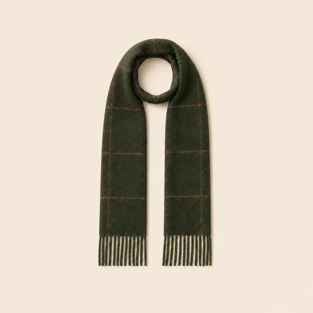 Full catalog view of the Fallow Field Wool Scarf in moss-and-clay windowpane lambswool.