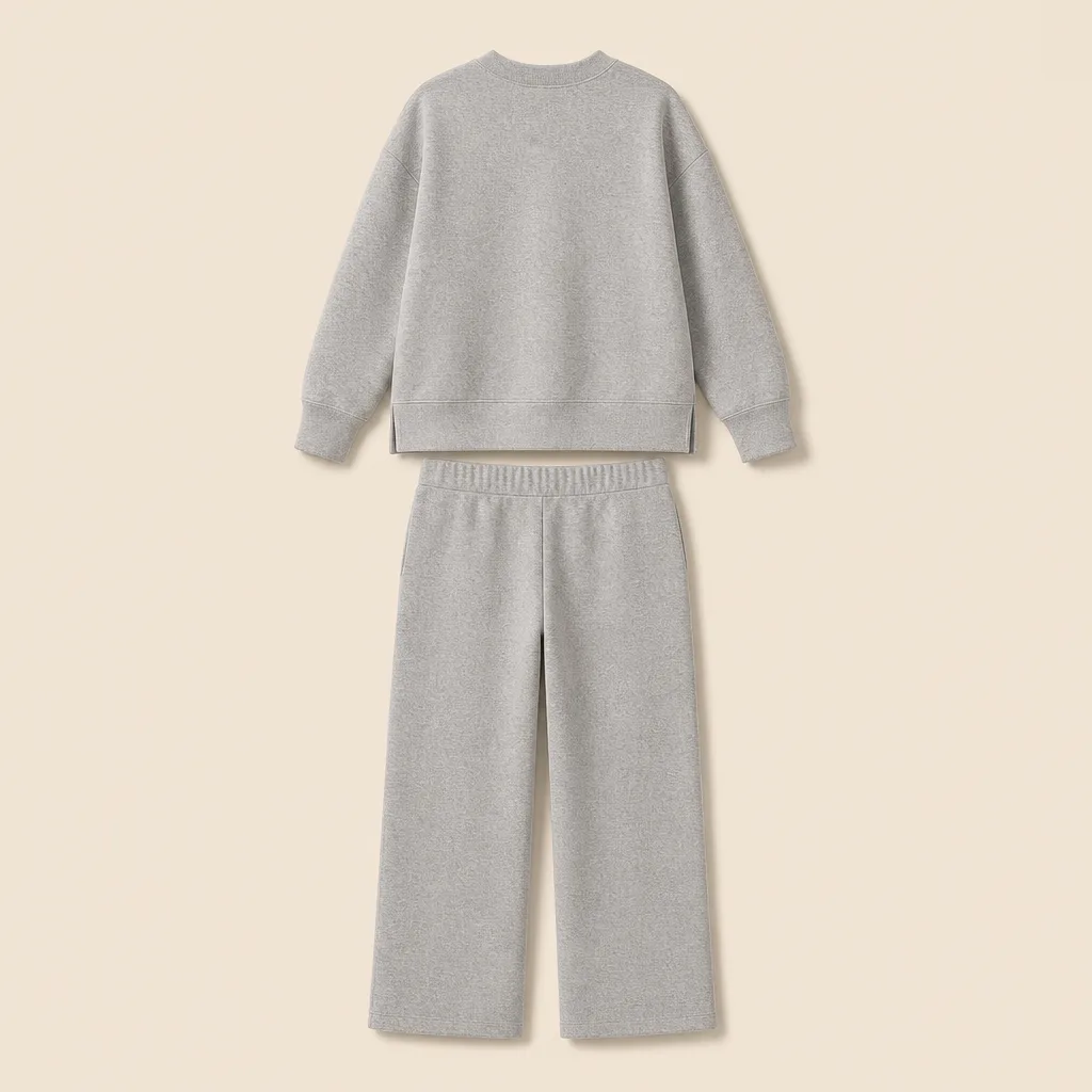 Heather grey knit lounge set, complete back view on warm oatmeal.