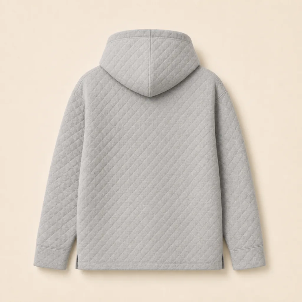 Back view of the Fallow Quilted Camp Hoodie showing its plain quilted back and two-panel hood