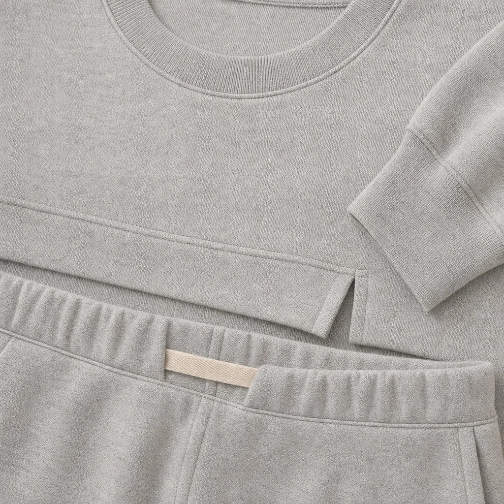 Heather grey double-knit crew rib, top side slit and concealed trouser drawcord channel.