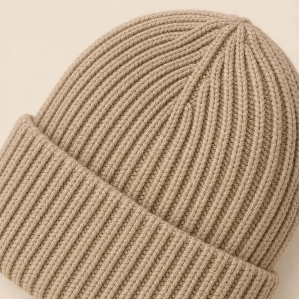 Macro detail of the fawn merino rib knit, folded cuff and clean crown decrease.