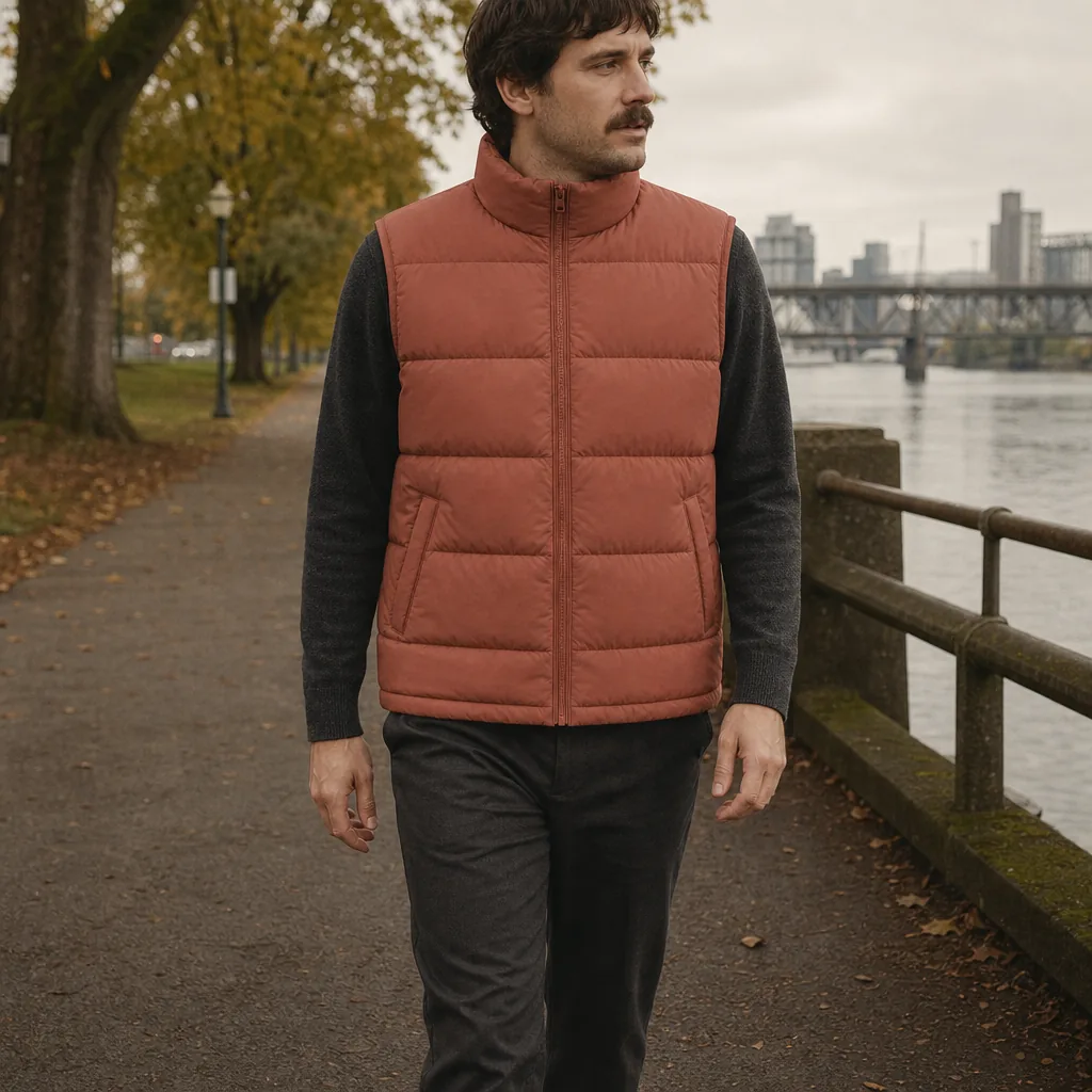 Person wearing the muted-clay Northline Puffer Vest over a charcoal knit on an overcast riverside path