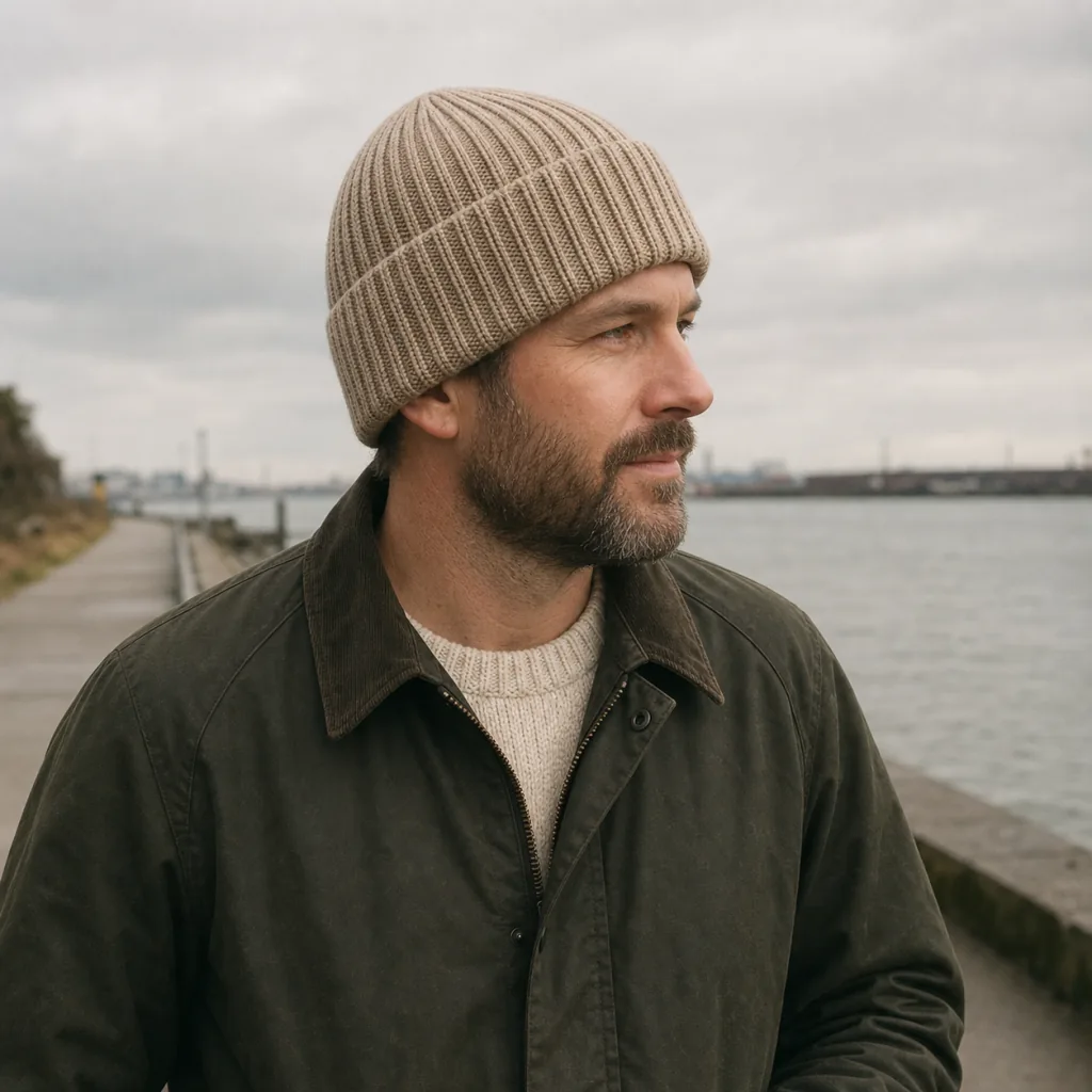 Person wearing the fawn Chunky Toque on a cold overcast waterfront walk.