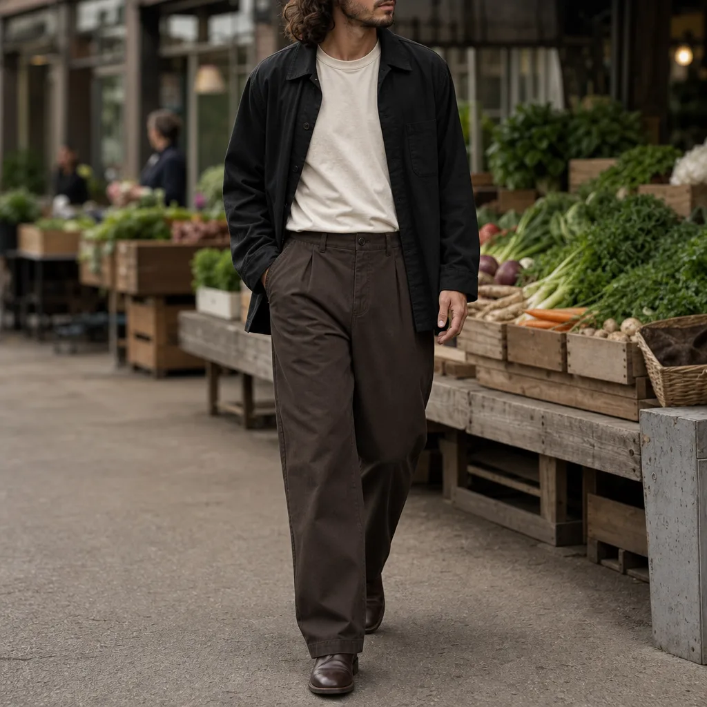 Person wearing bark-brown Alder Chore Trousers while walking through a neighborhood market.