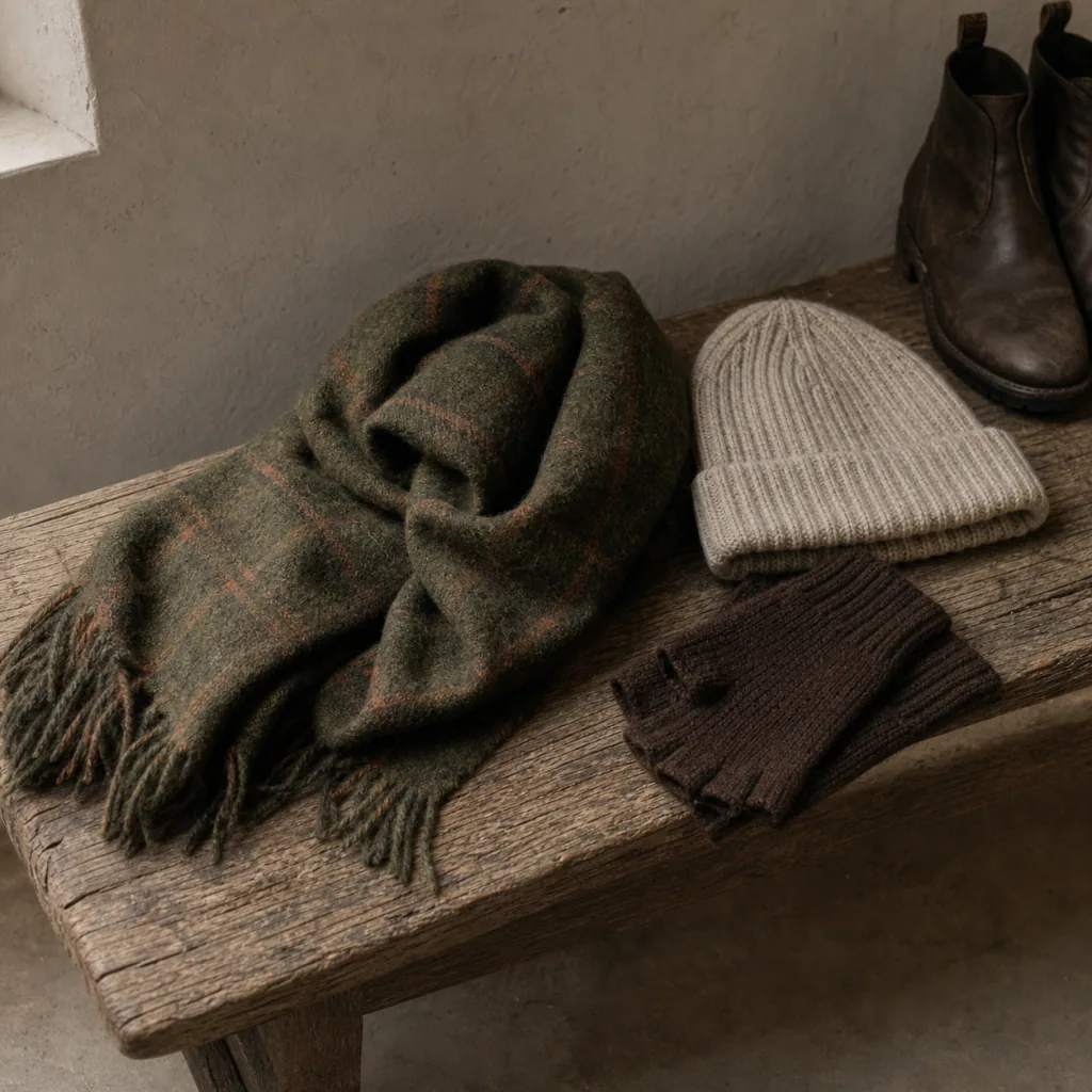 Moss checked scarf, fawn toque and knit gloves on a worn wood bench