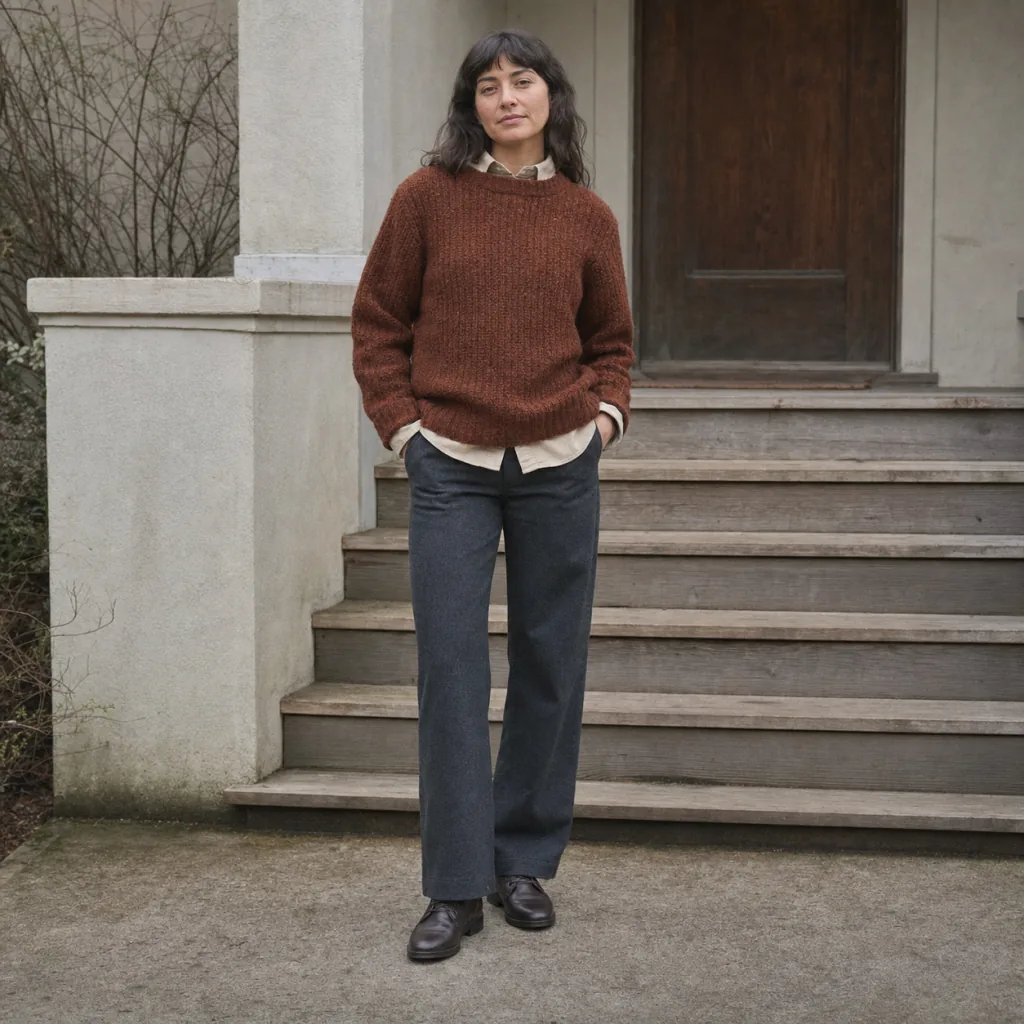 Woman in a rust knit, cream shirt and charcoal trousers
