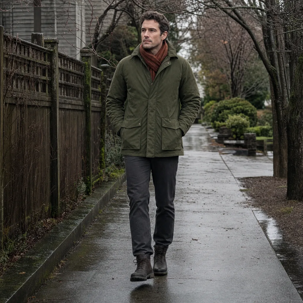 Man wearing a moss field jacket on a wet neighborhood walk