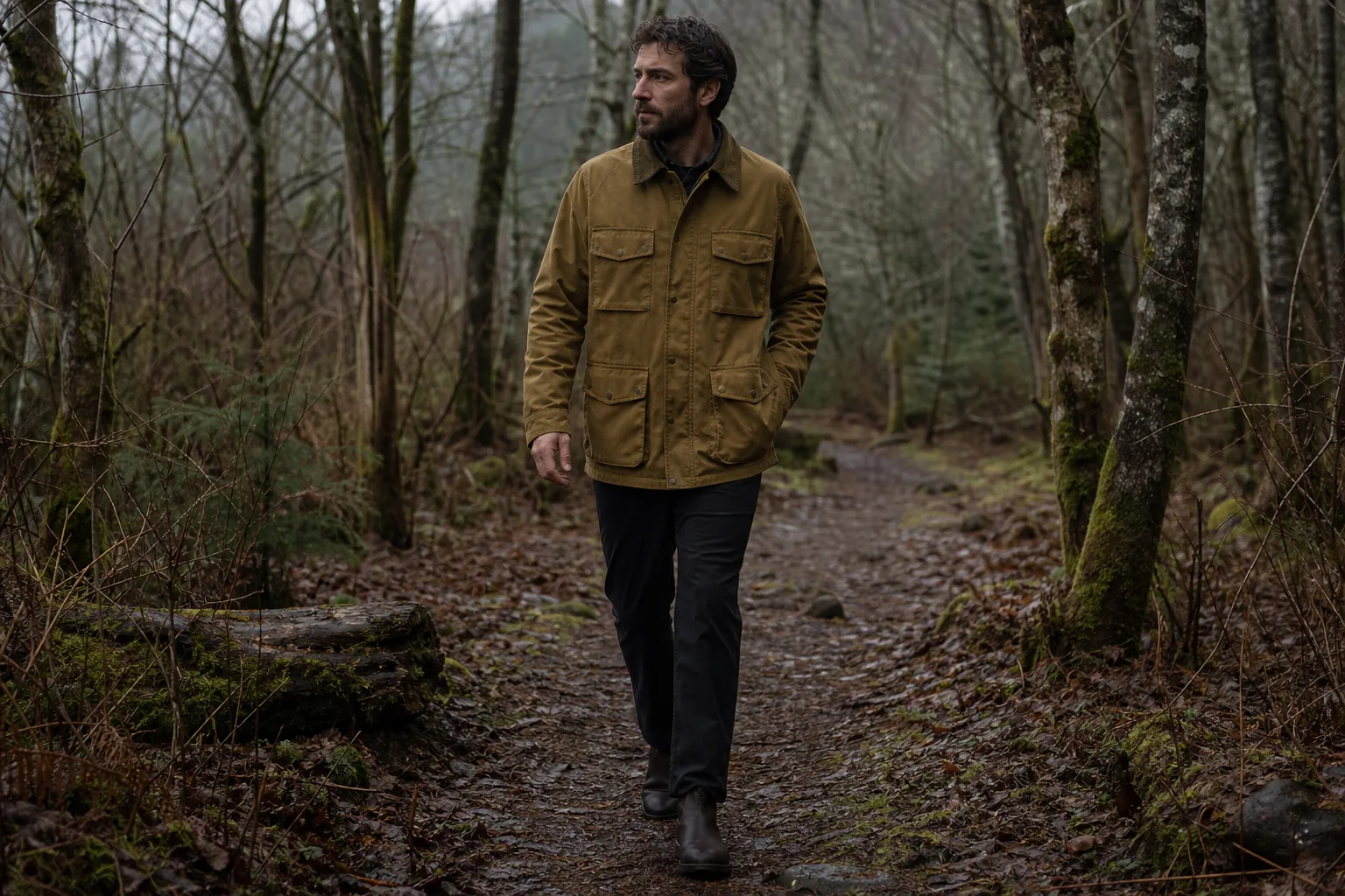 Man wearing an ochre four-pocket field jacket on a damp forest trail