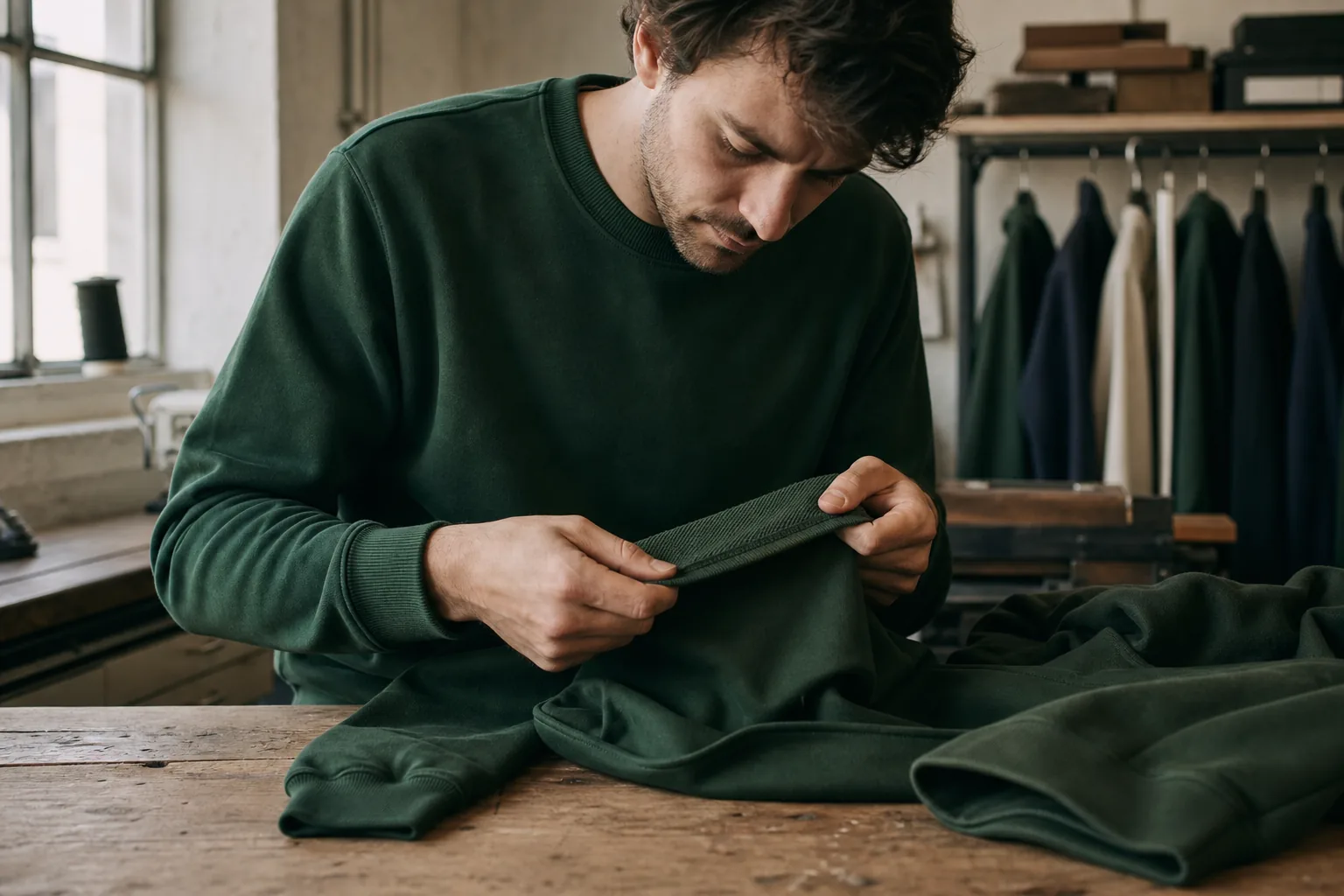 Forest loopback cotton sweatshirt examined at a wooden workshop table